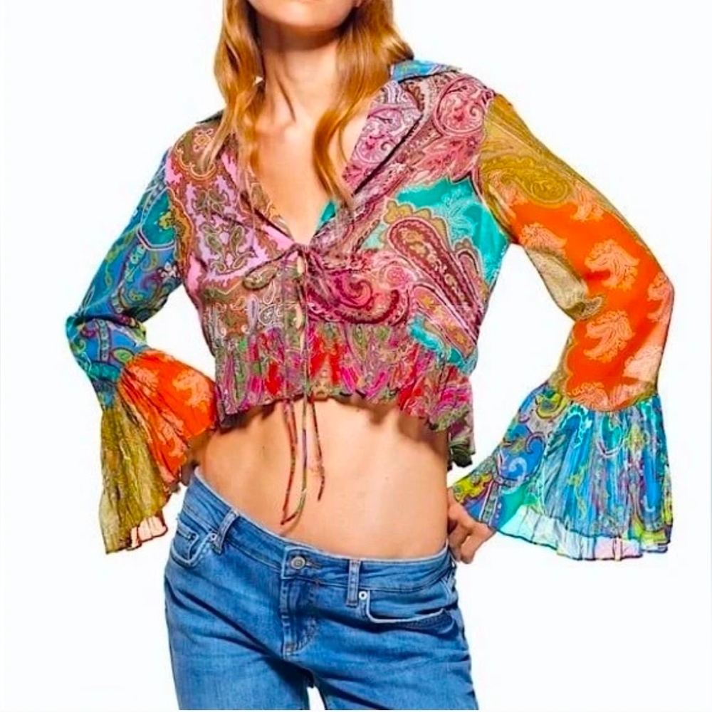 ZARA TIED RUFFLED PATCHWORK BOHO BLOUSE